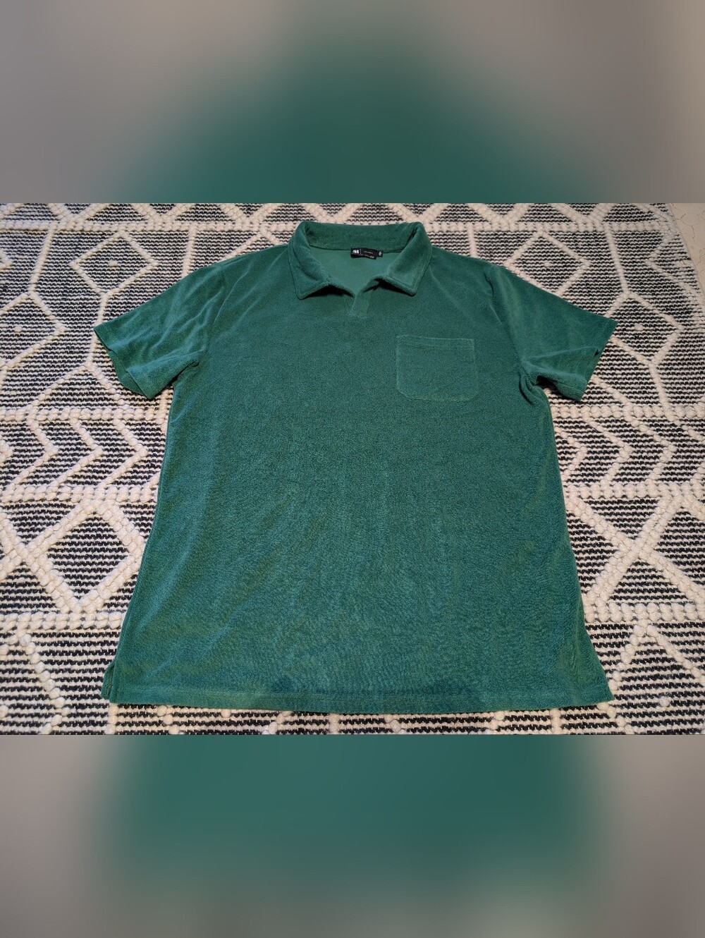 Simon's Green Terry Short-Sleeve Open V Collar Resort Shirt with Chest Pocket